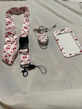 Cherry-Print Lanyard Set with Badge Holder and Retractable Reel - White Pink
